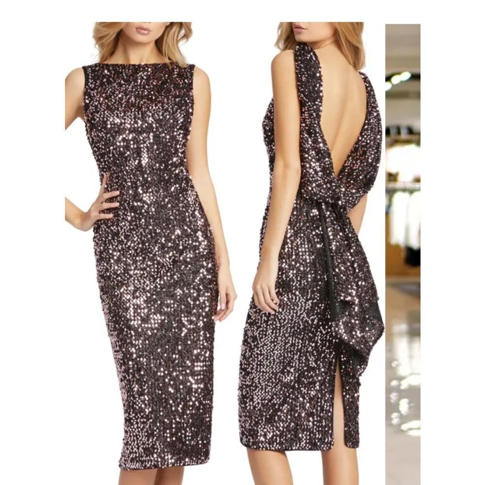 Ieena For Mac Duggal Women Black Sleeveless Ruffle Sequin Sheath Dress Size 6